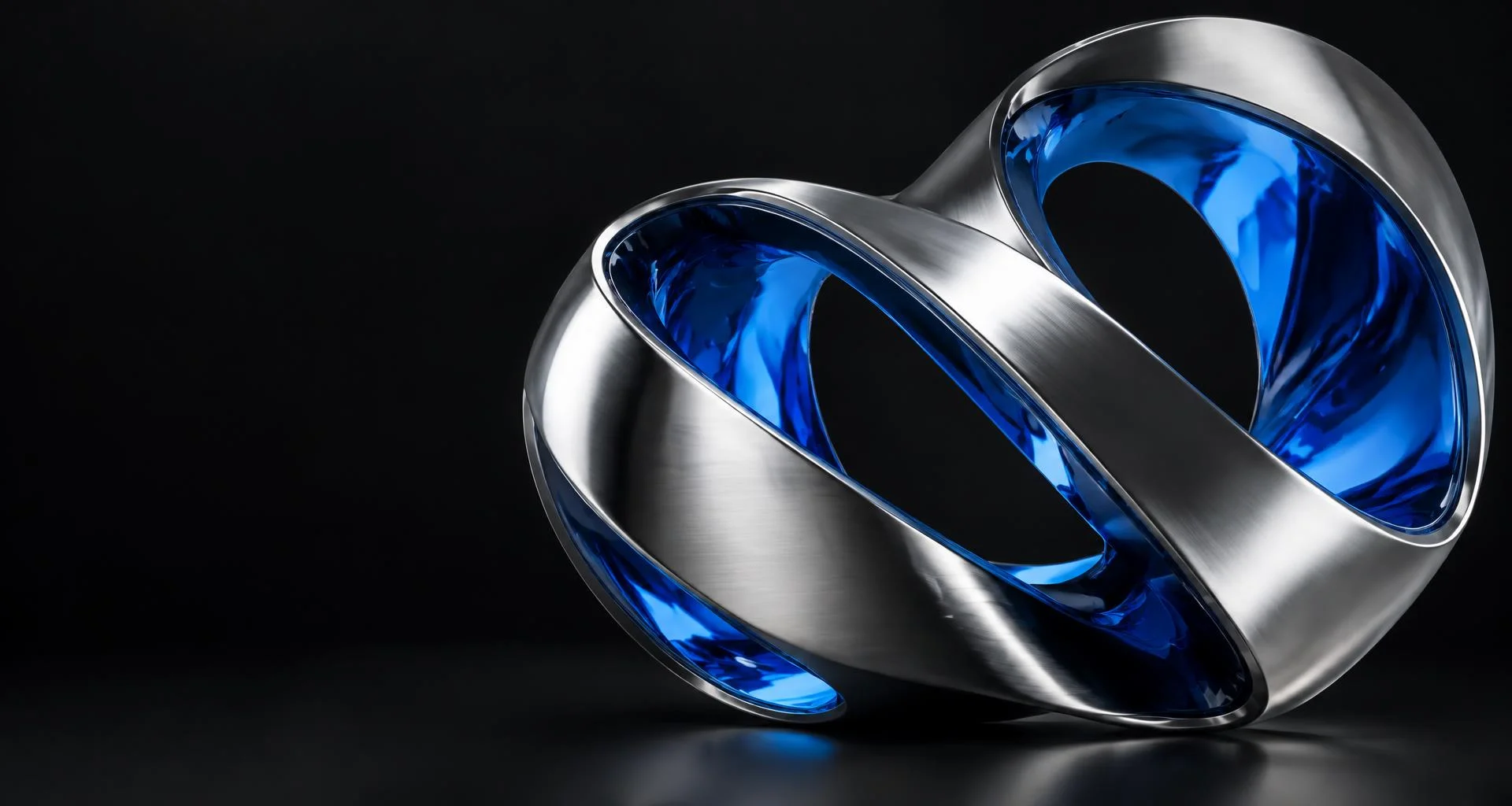 Sculptural polished chrome ribbon with a cobalt blue interior